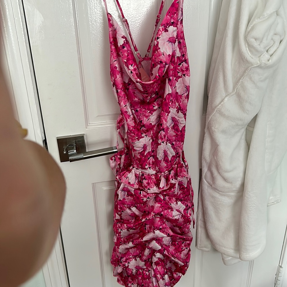 Hot Pink Floral Abstract Print Ruched Frill Detail Strappy Bodycon Dress
